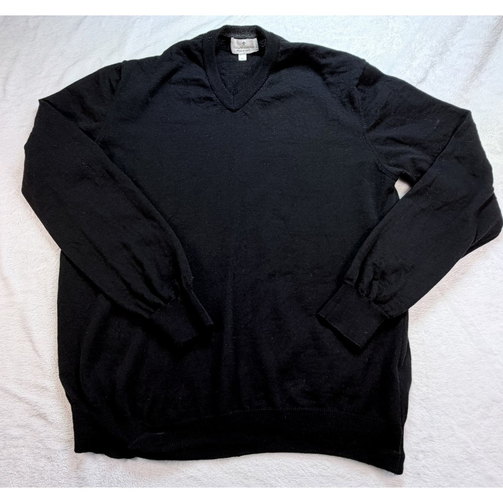 Toscano Firenze Merino Wool V-Neck Sweater Mens XL (Fits L)Black Pullover Italy